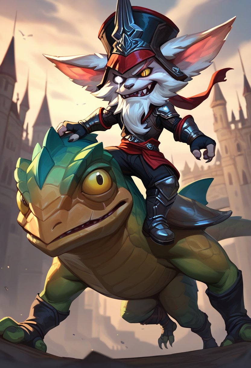 score_9, score_8_up, score_7_up, score_6_up, kl3d, 1boy, yordle, male focus, yellow eyes, white eye,scar across eye, one-eyed, facial hair, beard,  hat, black headwear, ears through headwear, armor, gloves, fingerless gloves, pants, boots , <lora:Kled_Default_v1:0.7>, castle,animal, lizard, skaarl, riding