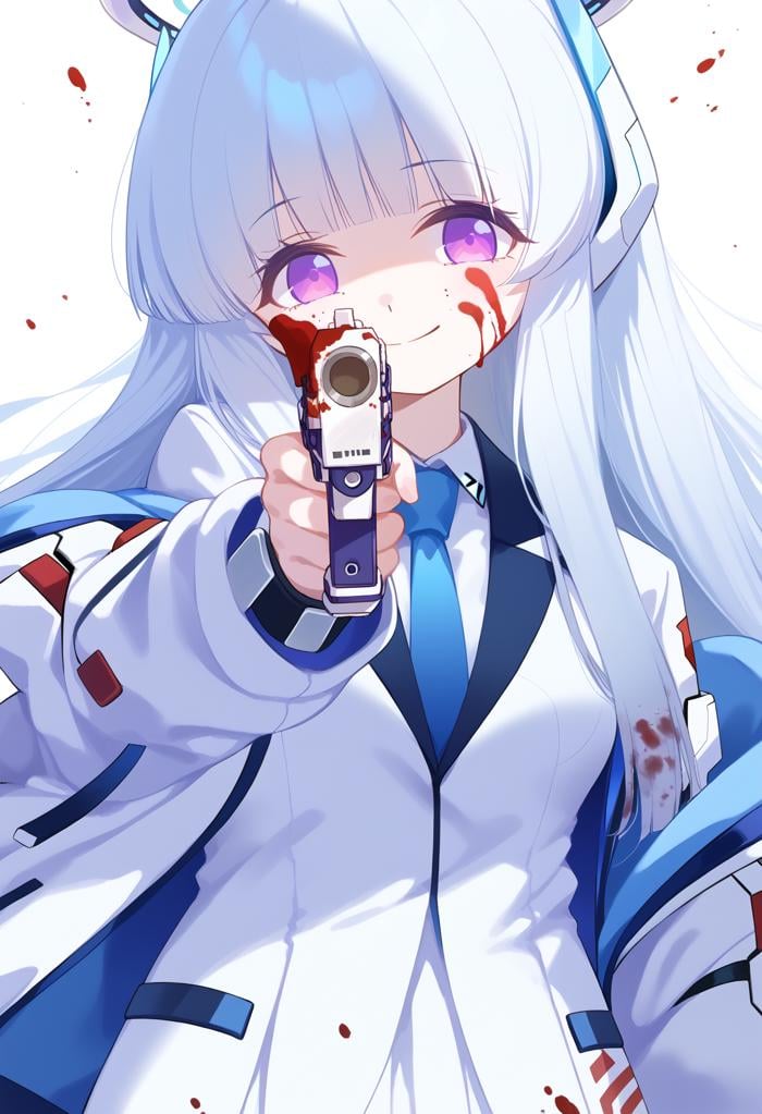 score_9, score_8_up, score_7_up, source anime, noa \(blue archive\), 1girl, purple eyes, solo, long hair, headphones, mechanical halo, blood on face, white suit, id card on suit, shaded face, false smile, blue necktie, pleated skirt, white jacket, open jacket, pantyhose, standing, high heel boots, holding gun, gun, aiming, aiming at viewer, finger on trigger, white background, <lora:aim-xl-pony-v3-000016:1>, <lora:flavia-xl-pony-v1-000013:0>, <lora:noa-xl-pony-v1-000009:1>, <lora:naip33:1>, <lora:noa_xl_v2:0>, 