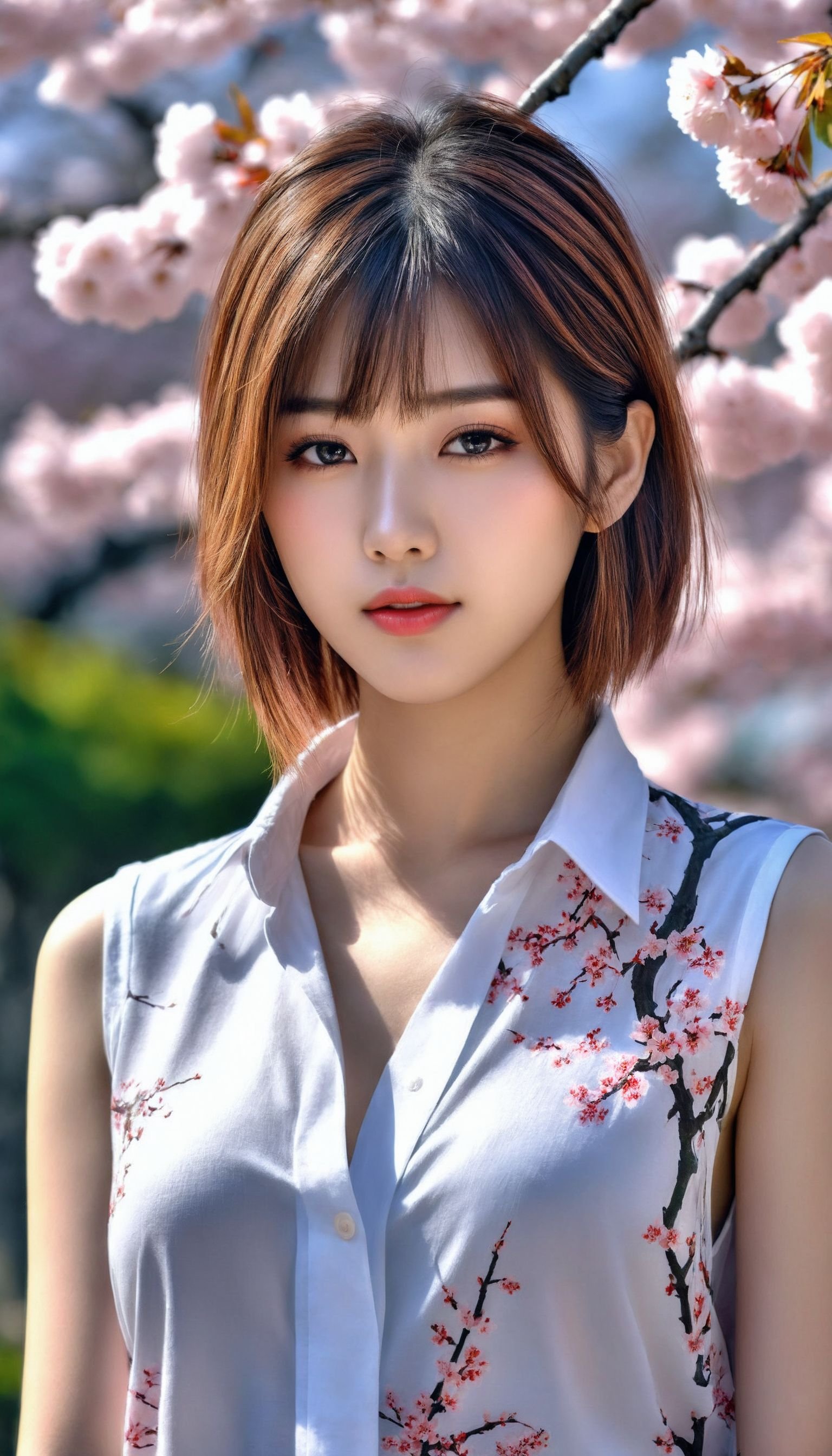 1girl, beautiful girl, sleeveless, oversize shirts, outdoors, Cherry blossom trees in full bloom, Depth of field, shy, upper body, 8k, sharp, HDR, intricate details, detailed face, detailed eyes, detailed skin, extreme realistic