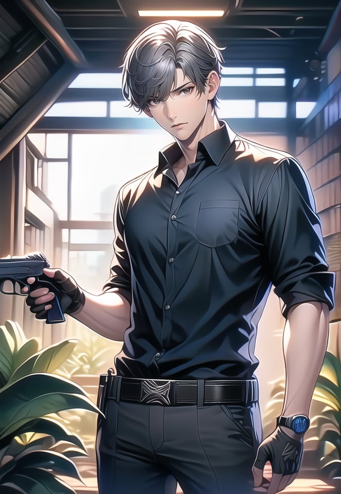 (best quality), ((masterpiece)), (highres), illustration, original, extremely detailed,plant, male focus, 1boy, gun, gloves, solo, weapon, shirt, holding, fingerless gloves, holding gun, belt, holding weapon, black shirt, black gloves, handgun, pants, short hair, black pants, watch, looking at viewer, collared shirt, parted lips, wristwatch, standing, grey hair, bangs, black belt, short sleeves, cowboy shot, indoors, brown eyes