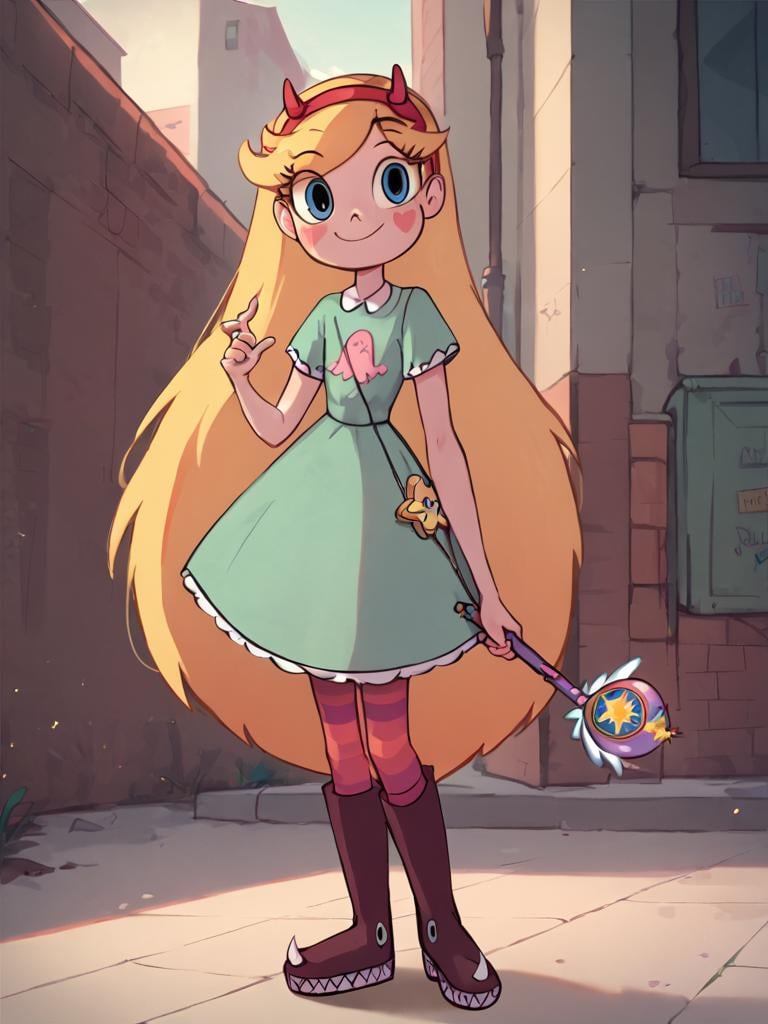 <lora:starpony:0.8> starbutterfly, 1girl, blonde hair, horned headwear, hairband, long hair, solo, teal dress, heart, blue eyes, facial mark, very long hair, smile, wand, boots,standing,  striped pantyhose, striped,looking at viewer,, score_9, score_8_up, score_7_up, score_6_up  <lora:Smooth Anime Style LoRA XL:1>