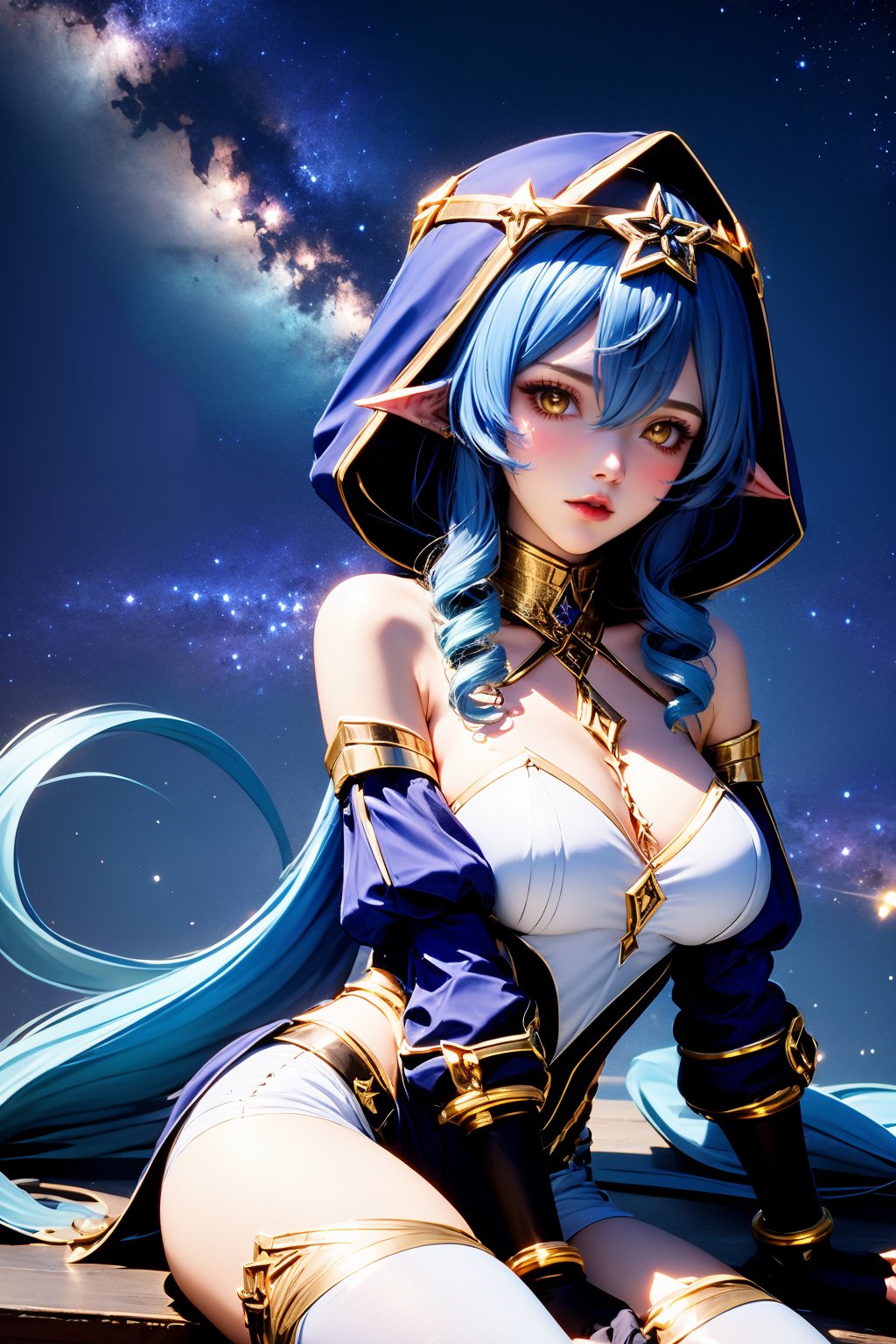 solo, 1girl, layla \(genshin impact\), breasts, blue hair, pointy ears, gloves, blue hood, looking at viewer, long hair, sidelocks, drill hair, bare shoulders, hair between eyes, black gloves, sitting, drill sidelocks, detached sleeves, very long hair, thighhighs, jewelry, claw ring, hood, white thighhighs, thighs, long sleeves, yellow eyes, puffy sleeves, sky, star \(sky\), juliet sleeves, neck ring, parted lips, hood up, large breasts, cleavage, starry sky, twin drills, medium breasts, night, lips, night sky, bracelet, cowboy shot, arm support, gold trim, skindentation, fingerless gloves, bags under eyes, gold choker, makeup, white pantyhose, ringlets, bright pupils, blue sleeves, starry background