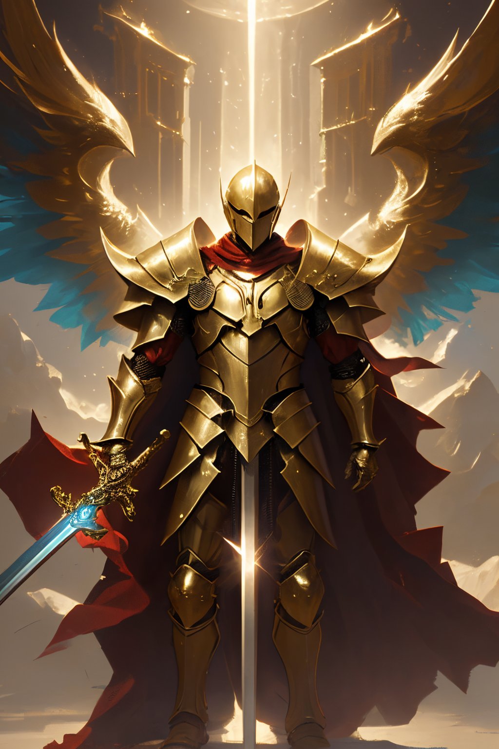 jjtsqs01,armor,weapon,solo,sword,shoulder armor,1boy,pauldrons,full armor,standing,red cape,holding sword,gold armor,full body,<lora:jjsq1.52:0.8>,