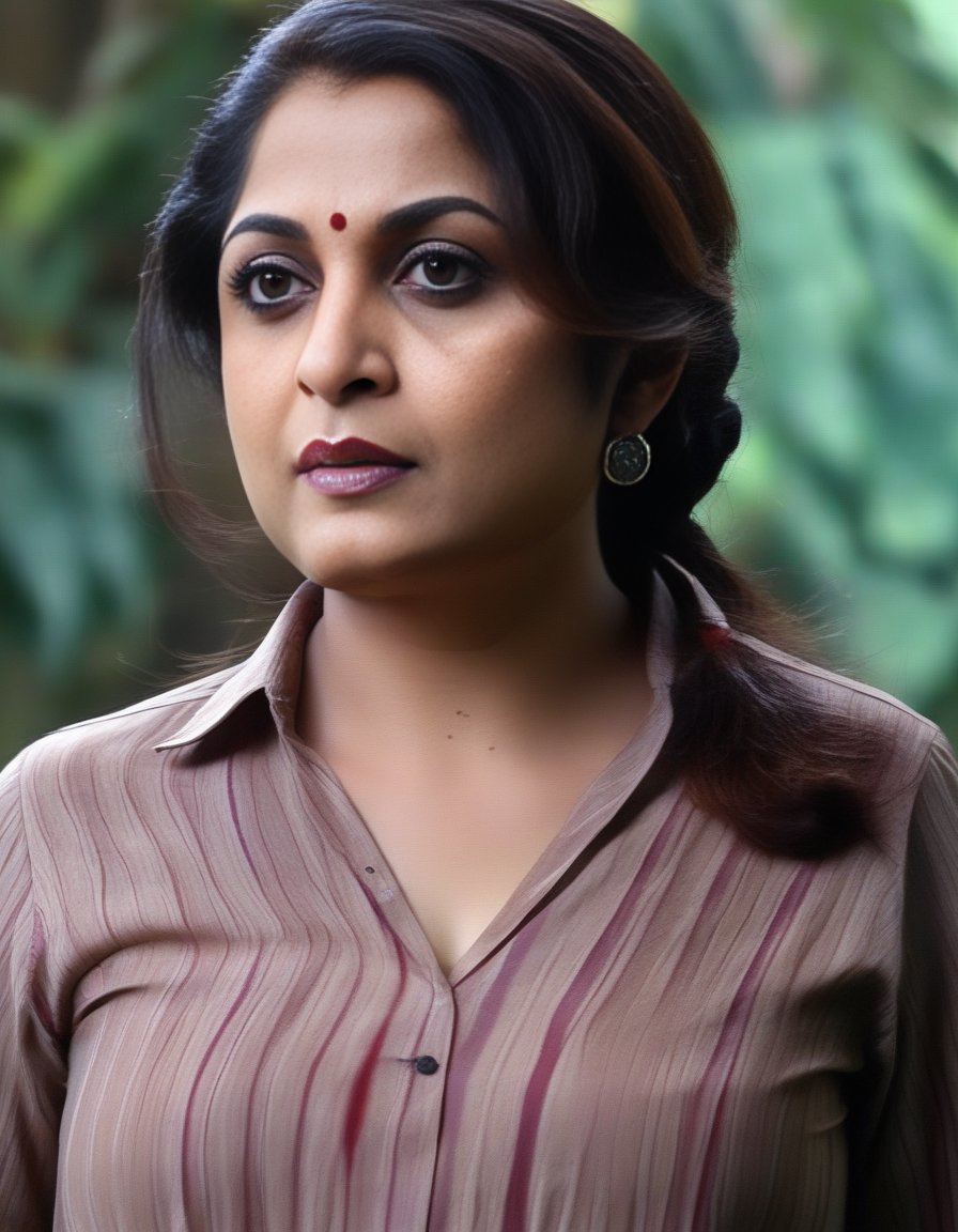 RamyaKrishnan,<lora:RamyaKrishnanSDXL:1>An image of a woman in a relaxed half-length portrait. She stands slightly turned to her left, head facing the camera, with a gentle and assured gaze. Her hair falls in loose waves. She wears a red button-up shirt with rolled-up sleeves and a pattern, paired with khaki pants secured with a black belt. The warm lighting accentuates her features and the shirt's texture. The background is softly blurred, indicating an indoor space with warm ambient lights.