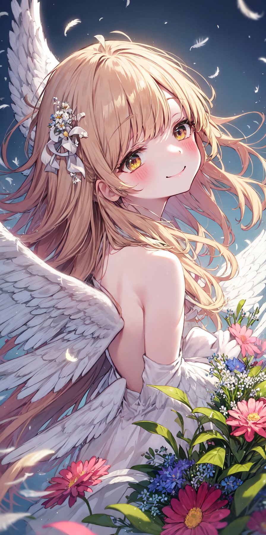 (eye focus, face, close-up:0.3), blush, floating hair, girl holding bouquet, windy, completely_nude, nape, (nipples, pussy, nsfw:-1), dutch angle, wide shot, looking up, hill, (from above, facing up:1.2), (floral background, flower field), side <lora:saturation:-0.2> , smile, <lora:sensualface_type2:0.7>, perspective, looking_back turning head, angel wings, feather ((666600:0.65), (D3691F:0.43), (8E0001:0.36):1.2)