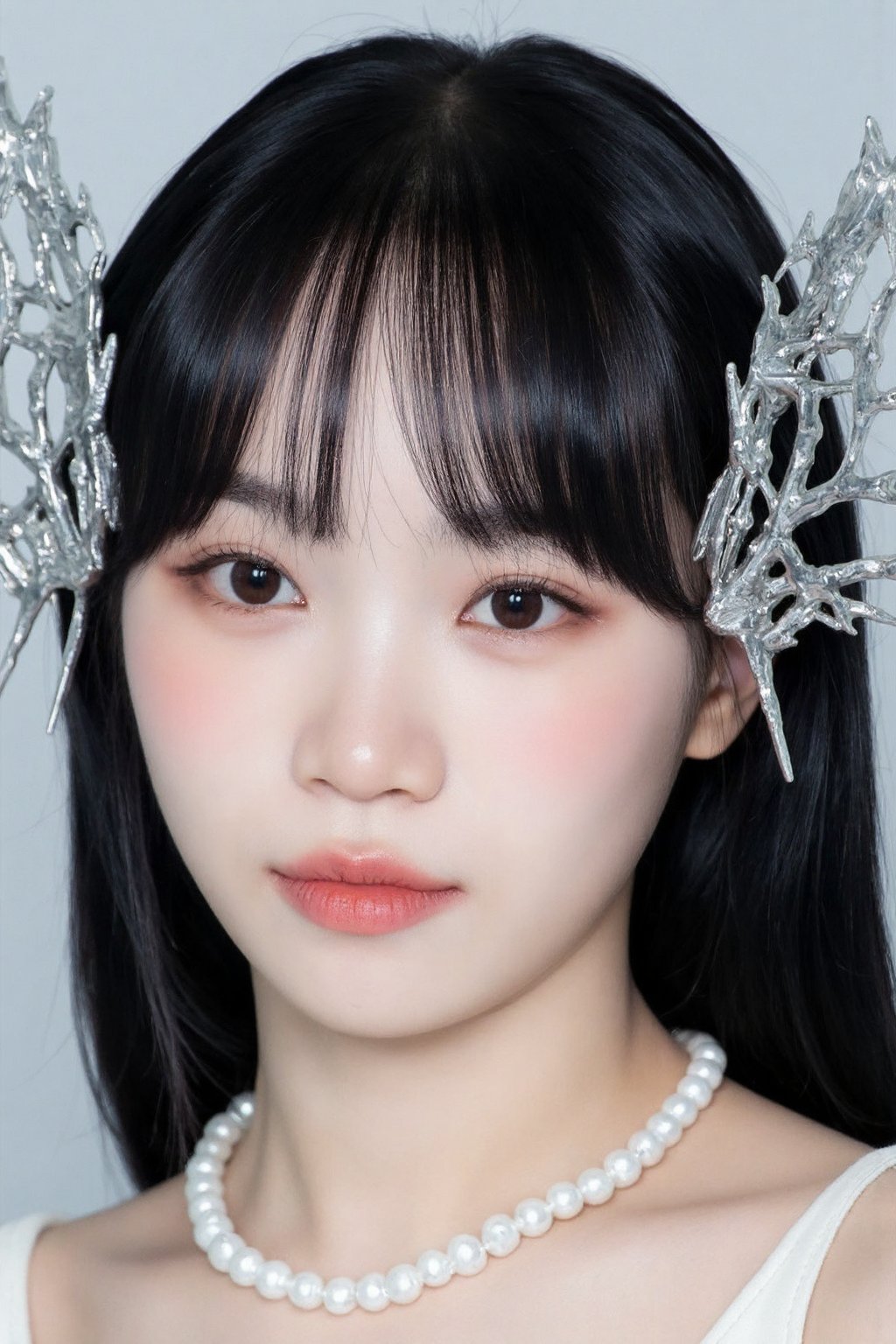 The image depicts a young korean woman with sleek, dark hair wearing an intricate and avant-garde headpiece. The headpiece is made of delicate, metallic structures resembling abstract butterfly wings or branches, framing her face with an artistic, futuristic flair. Her expression is soft yet confident, and her makeup emphasizes her eyes with long lashes and a subtle lip color, giving her a refined and elegant appearance. She also wears a pearl necklace, adding a touch of classic sophistication that contrasts with the modern, almost ethereal design of the headpiece. ,<lora:flux_realism_lora:1>, . <lora:makinaflux_chaewon_v1.2:1>