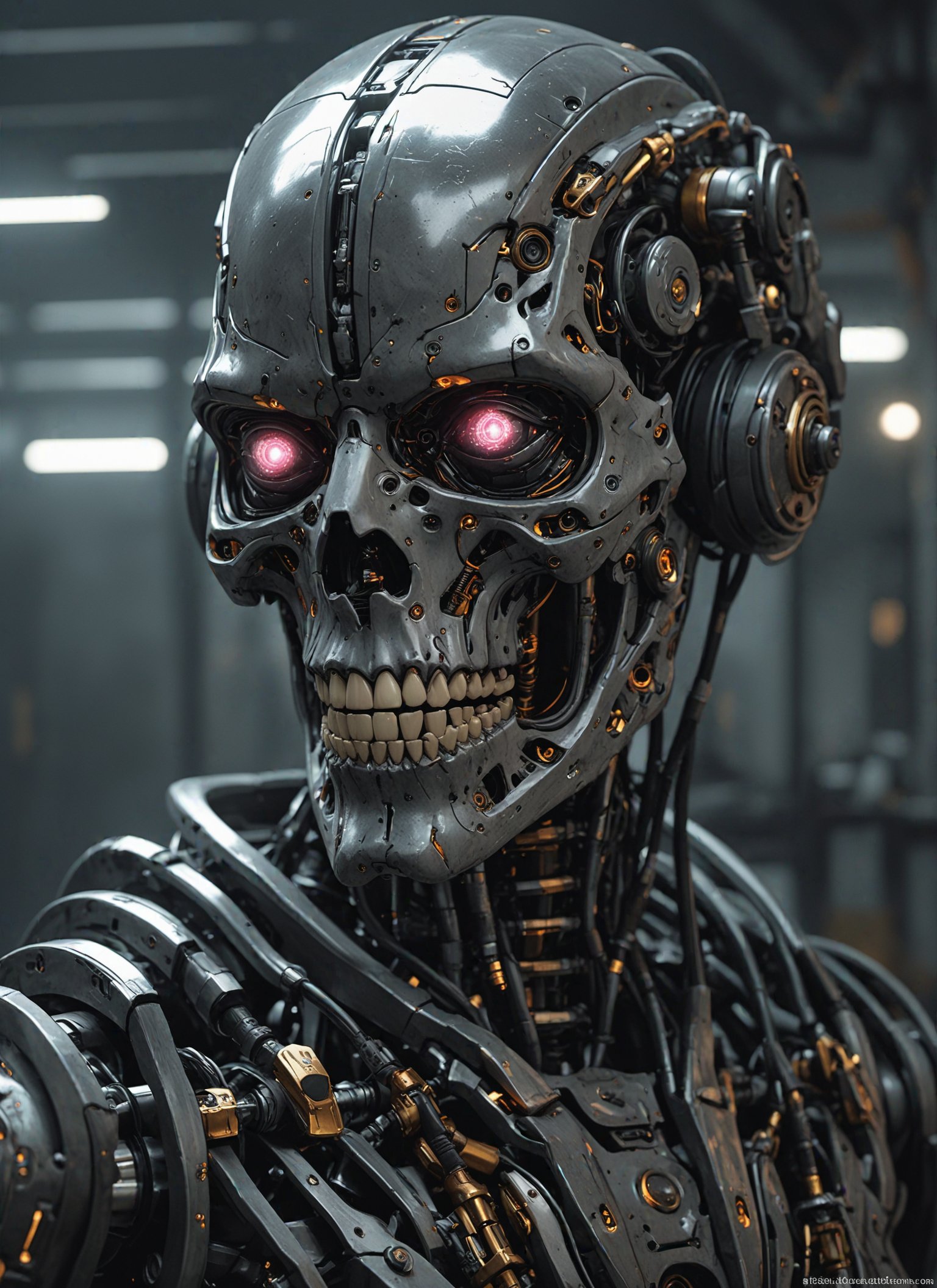 Cyberpunk, sci-fi, dark-fantasy, kodak portrait 400, 8k, soft light, volumetric lighting, highly detailed, britt marling style 3/4, portrait photo of a war man cyborg robot in a chemical laboratory + face, face is skullbone with scares, intricate, elegant, highly detailed, devil-armor, 2D motifs detailed dark fantasy digital painting, artstation, concept art, smooth, sharp focus, illustration, art by Otomo Katsuhiro and ShirÅ Masamune and Oshii Mamoru. Cosmic light in backfront