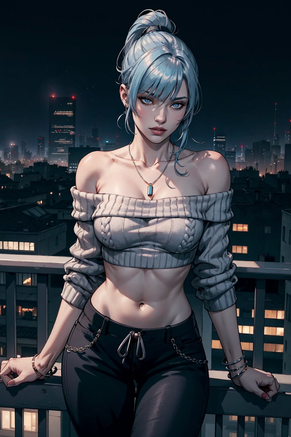 beautiful woman, athletic, blue hair, ponytail, blunt bangs, cut, bangs over eyes. pale blue eyes, pale skin, wearing off-the-shoulder-sweater-top, exposed midriff, long baggy pants, silver necklace, on a balcony overlooking a cyberpunk city at night, (solo), realistic