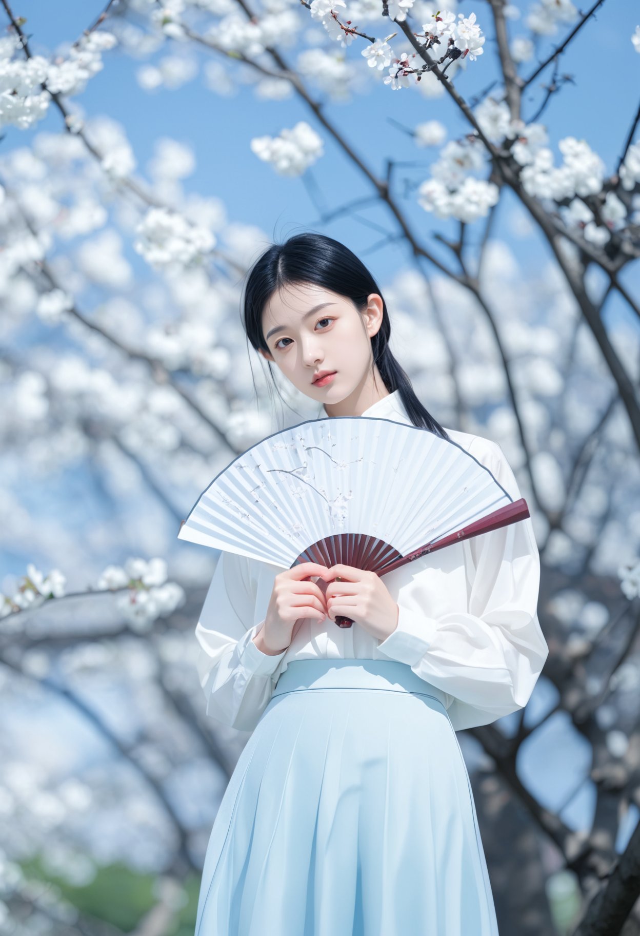 Photograph, serene young woman in traditional Chinese attire, holding a white folding fan, wearing a white blouse and light blue skirt, standing amidst blooming cherry blossoms, soft natural light, calm and contemplative expression, ancient dynasty ambiance, delicate and elegant atmosphere.