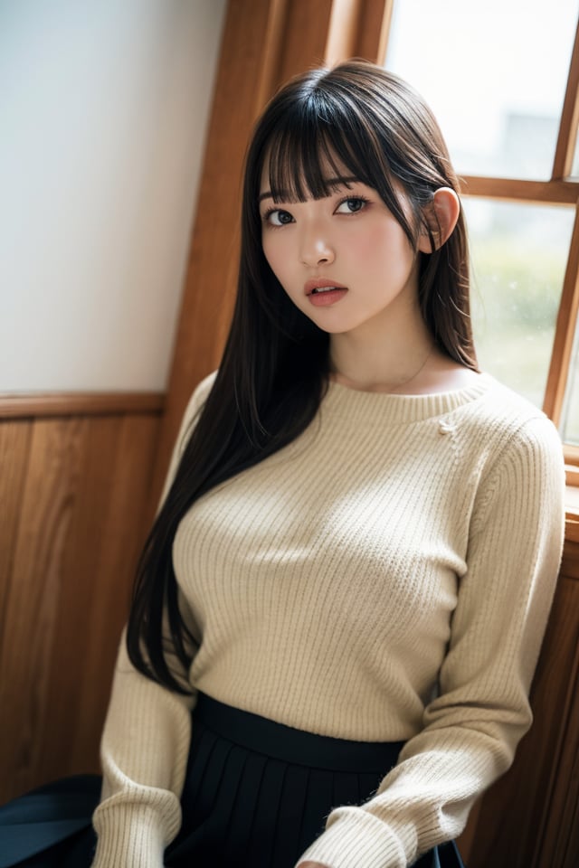 1girl,solo,long hair,sitting,skirt,sweater,bangs,looking at viewer,lips,window,black skirt,long sleeves,closed mouth,grey sweater,brown hair,blunt bangs,indoors,black hair,best quality,masterpiece,illustration,an extremely delicate and beautiful,CG,unity,8k wallpaper,Amazing,finely detail,masterpiece,official art,extremely detailed CG unity 8k wallpaper,incredibly absurdres,huge filesize,ultra-detailed,highres,extremely detailed,beautiful detailed girl,realistic,light contrast,,<lora:Suzuka Sayama_20240501225241:0.8>