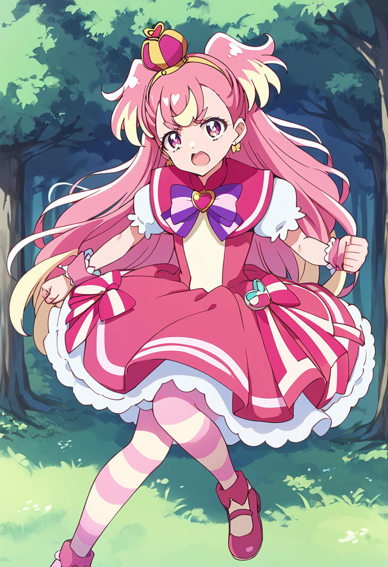 score_9, score_8_up, score_7_up, source_anime, BREAKcure wonderful, 1girl, solo, pink hair, earrings, open mouth, multicolored hair, striped legwear, two-tone hair, wrist cuffs, tree, pink eyes, pink skirt, thighhighs, forest, gradient hair, jumping, :o, pink footwear, full body, twintails, nature, clenched hands, blonde hair, eyebrows visible through hair, purple eyes, floating hair, pink bow, puffy short sleeves, flying, very long hair, bangs, running, eyelashes, looking at viewer, streaked hair, outdoors, yellow hairband, mini crown, pink dress, bowtie, purple neckwear, anime coloring, ribbon, shiny hair, hair ornament, pink legwear, short hair, :d, ponytail, pink choker, serious, layered dress, clenched hand, white legwear, frills, v-shaped eyebrows, bright pupils, sailor collar, petticoat, layered skirt, thick eyebrows, pouch, short dress, striped clothes, striped pantyhose, two side up, dress bow, dot nose, heart brooch, tilted headwear, angry, multicolored bow, multicolored eyes, yellow pantyhose, striped bow, capelet, day, multicolored legwear, multicolored clothes, pink capelet<lora:cure_wonderful_inukai_komugi_sdxl_locon_pony_v1:0.7>