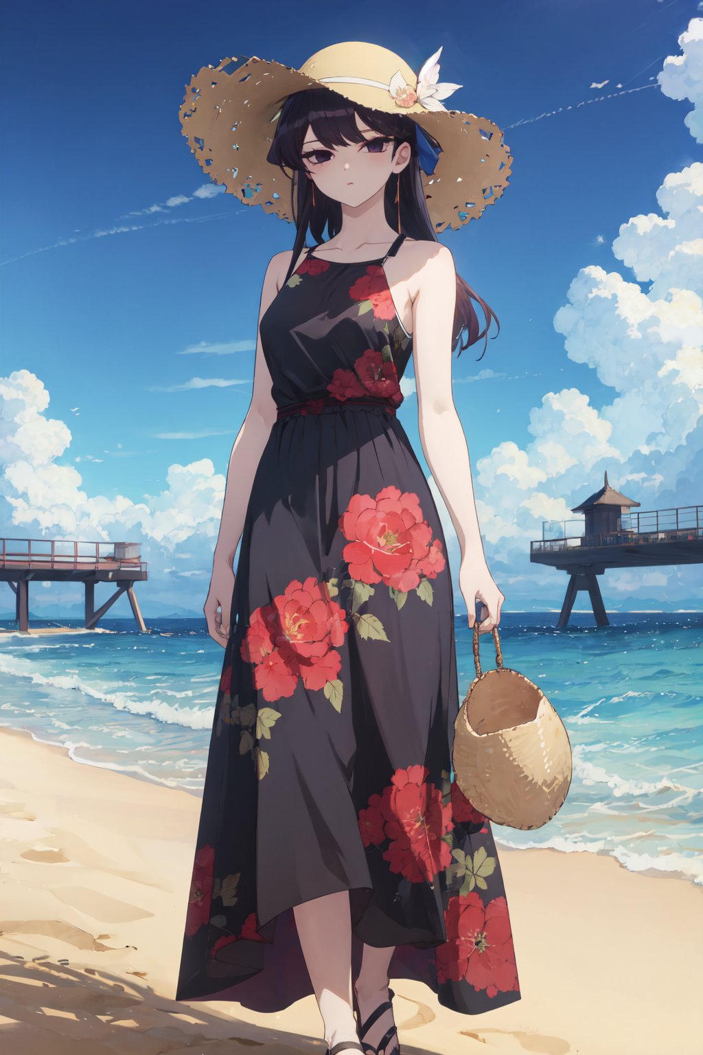 <lora:Shouko-000010:0.8>,Shouko CYQL,1girl,solo,looking at viewer,long hair,black hair,black eyes,(Tropical_print_maxi_dress:1.5),(Straw_wide-brim_hat:1.4),(Woven_slides:1.3),(Beach_pier_background:1.4),tearing_up,bust,Desert wildflowers, Arid landscape, Desert bloom, Colorful desert, Springtime explosion, Desert oasis,(Olive trees, Terra cotta pots, Sun-kissed orchard, Evening hues, Mediterranean landscape, Olive harvest:0.5),beautiful detailed sky,beautiful detailed glow,posing in front of a colorful and dynamic background,masterpiece,best quality,beautiful and aesthetic,contrapposto,female focus,wallpaper,