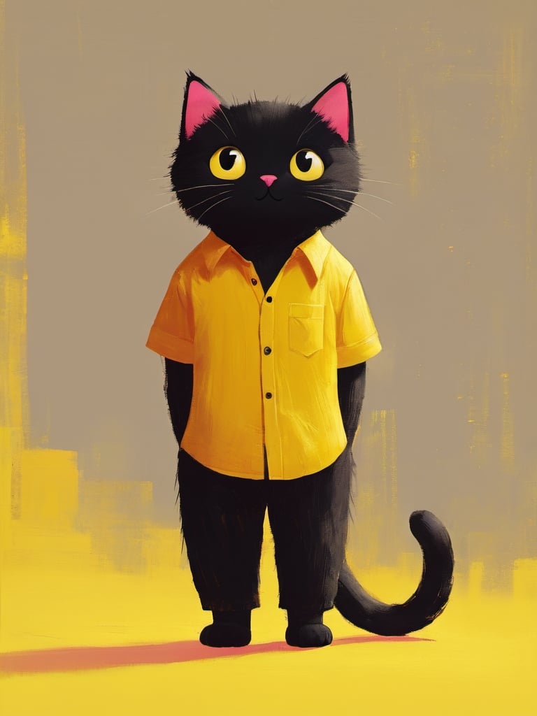 zyx01, cat, 1boy, yellow background, simple background, shirt, animal, standing, black cat, pants, black pants, whiskers, male focus, black hair, red shirt, short sleeves, oversized animal, size difference, shoes, pink shirt, black eyes,<lora:zyx01:0.8>,, masterpiece, best quality,