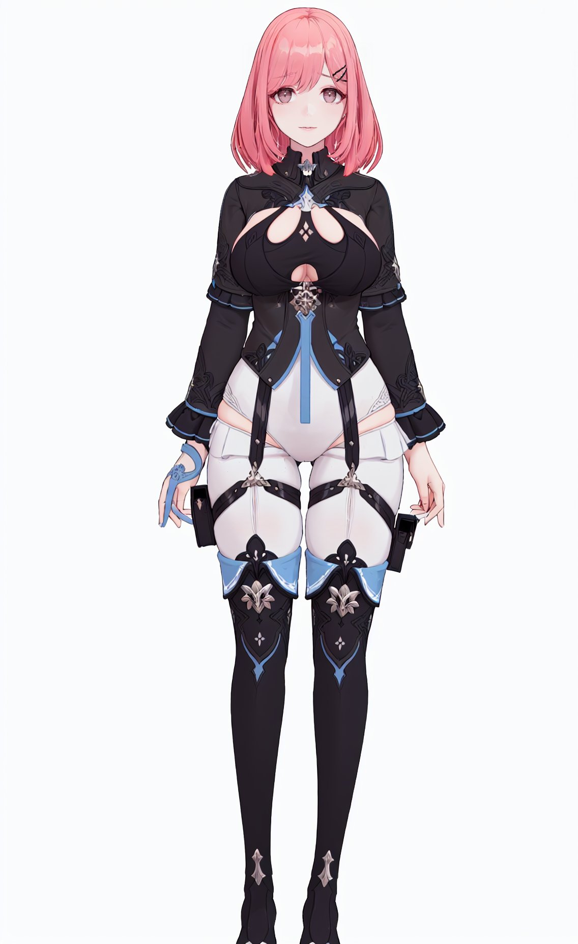 8k, best quality, masterpiece, (ultra-detailed), (high detailed skin), (white background:1.5), (full body), (white background), standing, looking at viewer, (solo), <lora:Timido-v100:0.8>, Timido, def clothes, 1girl, single glove, thigh boots, pink hair, black footwear, thighhighs, boots, breasts, (beautiful_face), ((intricate_detail)), clear face, ((finely_detailed)), fine_fabric_emphasis, ((glossy)), full_shot, 