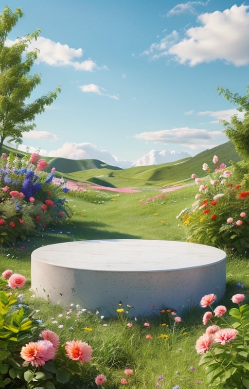 zhantai,e-commerce booth,countertop,plants and flowers surround the stand,in a meadow,pink and red flowers,natural scenery,mountain,mountain,green plant,flowers,light blue sky,<lora:dianshangzhantai:0.7>,