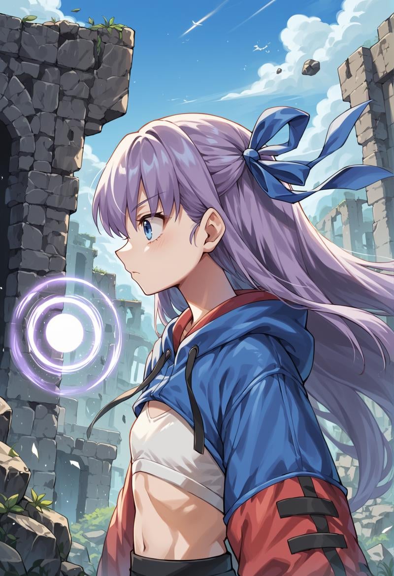 1girl, long hair, purple hair, blue eyes, flat chest, ribbon, cropped jacket, sports bra, long sleeves, sleeves past fingers, leggins, mechanical legs, curious, outdoors, ruins, energy ball, gem, floating rock, from side, upper body  <lora:Meltryllis_XL:1>, score_9, score_8_up, score_7_up, score_6_up, score_5_up, score_4_up, BREAK source_anime, masterpiece