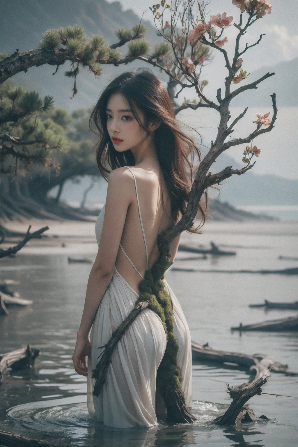 1girl,<lora:枯枝1:0.8>,This picture depicts a surrealistic image of a woman blending with natural elements. A woman stands in the water,her back and hair gradually turning into branches and twigs of a tree,