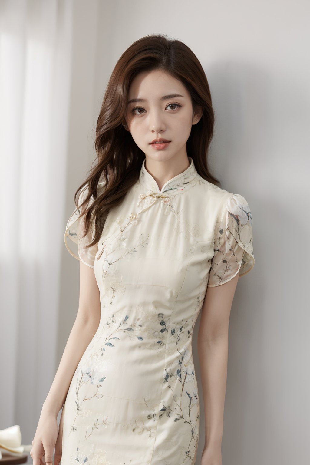 huge filesize,wallpaper,reality,realistic,best quality,1girl,solo,1girl,simple_background,cheongsam dress,(full_shot:1.5),<lora:cheongsam dress_20240919143611:0.8>,, huge filesize,wallpaper,reality,realistic,best quality,1girl,solo,