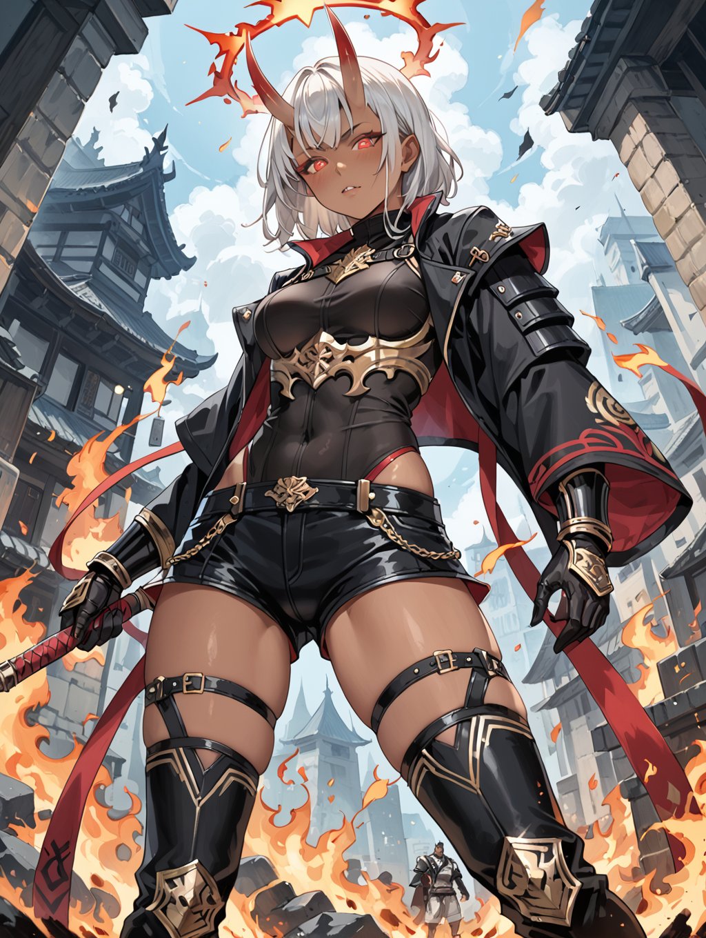 score_9, score_8_up, score_7_up,rating_explicit,1girl, tan skin, medium chest, medium hips, white medium hair, bangs, little oni horns, glowing eyes, red eyes, black burning halo, demon black gloves, demonic boots, wide shorts, black samurai armor, standing, black catsuit, black jacket,fantasy, 