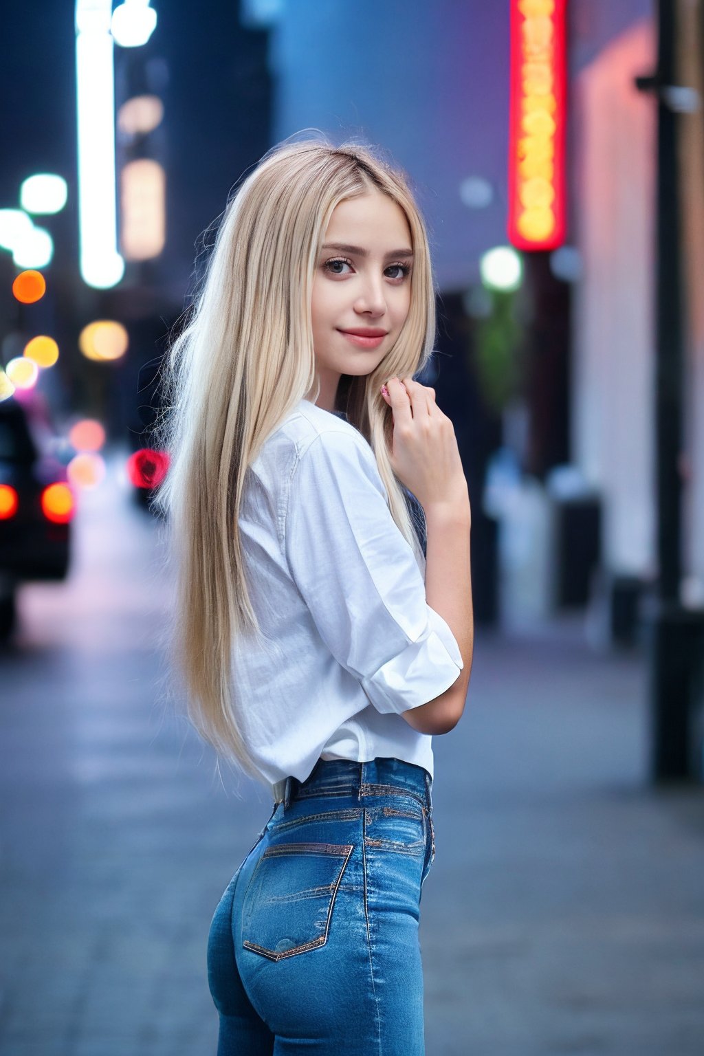 <lora:SC-Lolibela:0.85>, photo of l0l1b3l4, 1girl, petite girl, skinny, pale skin, platinum blonde hair, from side, smile, full body, from side, street, shirt, jeans, model shoot style, (Sony a9 II Mirrorless Camera), 24mm, extremely intricate, High Detail, Sharp focus, dramatic, soft cinematic light, cute smile, 4k textures, elegant, soothing tones, hyperdetailed, low contrast, epiCRealism, epiCPhoto