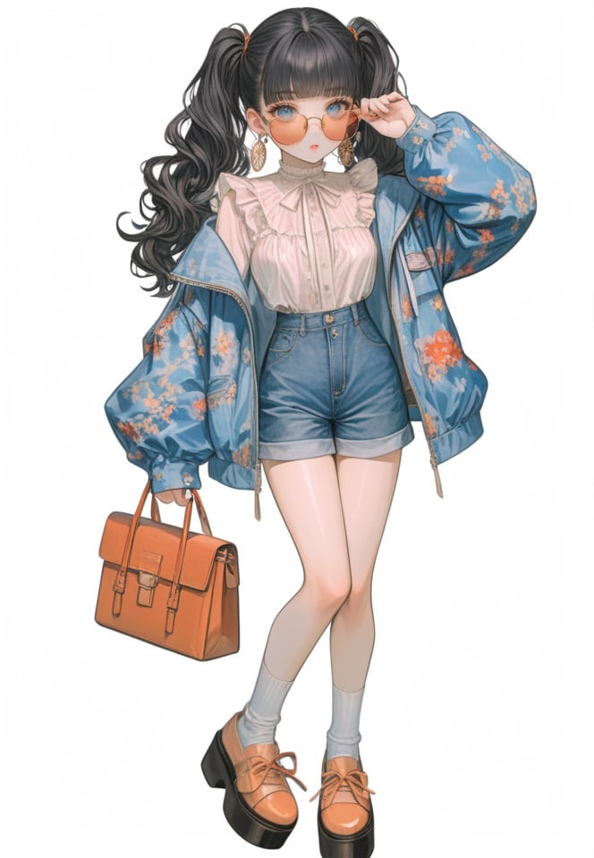 (best quality), ((masterpiece)), (highres), illustration, original, extremely detailed,  <lora:幻想华服萝莉:0.6>1girl, solo, long hair, white background, bangs, simple background, shorts, jacket, black hair, frills, sunglasses, shoes, socks, bag, looking at viewer, looking over eyewear, long sleeves, full body, white socks, blunt bangs, tinted eyewear, adjusting eyewear, twintails, jewelry, standing, earrings, blue eyes