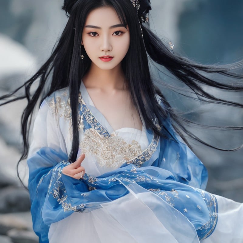 newcn, 1girl, black hair, Ming hanfu, black hair,blue hanfu, lalisaMan1,(Extremely Detailed Oil Painting:0.8), glow effects, godrays, Hand drawn, render, 8k, octane render, cinema 4d, blender, dark, atmospheric 4k ultra detailed, cinematic sensual, 