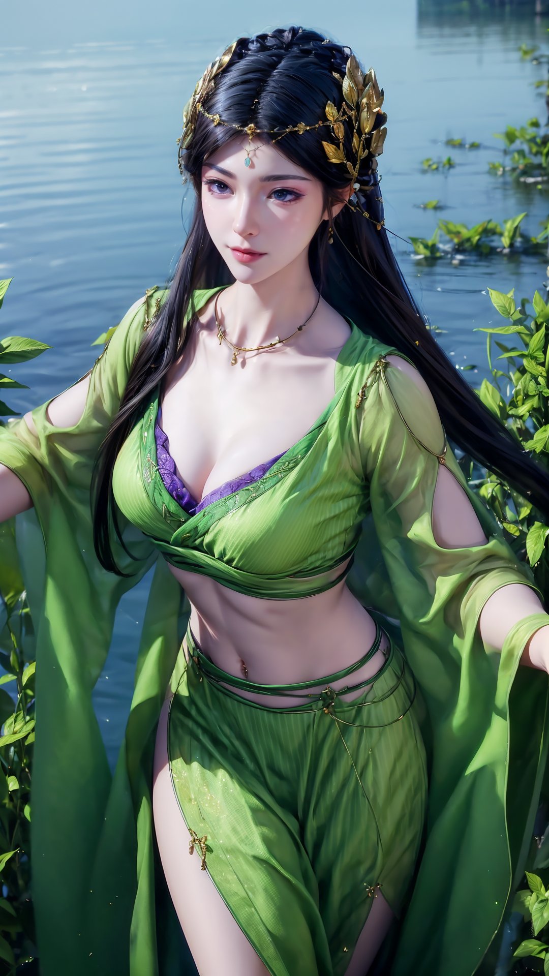 masterpiece,best quality,official art,extremely detailed CG unity 8k wallpaper,realistic,light rays,light particles,1girl,solo,lips,breasts,thigh,collarbone,bandeau,long_hair,(black hair:1.2),hair_ornament,outdoors,lake,blue sky,potted,Hair Ornaments,Vast Open Field,looking at viewer,