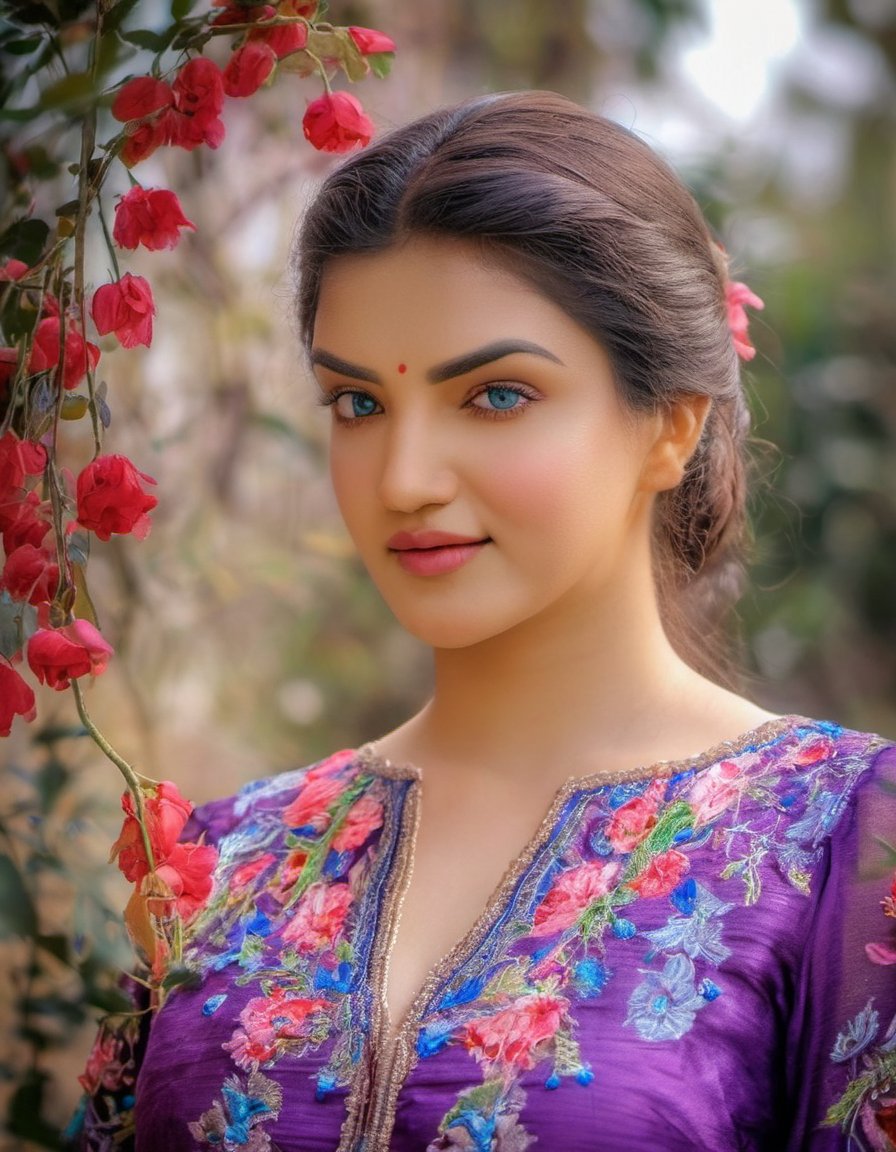 HoneyRose, HDR photo of beautiful young woman, light makeup, long dark hair, dark eyes staring intently at the viewer, wearing a embroidered silk blouse, flowered vines surrounding her, vivid colors, overcast day . High dynamic range, vivid, rich details, clear shadows and highlights, realistic, intense, enhanced contrast, highly detailed