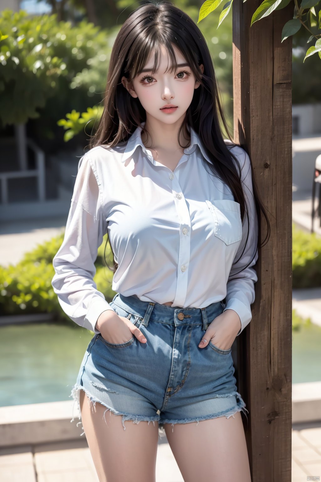 1girl, solo, long hair, breasts, looking at viewer, bangs, large breasts, brown hair, shirt, black hair, long sleeves, cleavage, brown eyes, standing, white shirt, cowboy shot, outdoors, parted lips, shorts, day, collared shirt, water, blurry, tree, lips, torn clothes, short shorts, blurry background, denim, denim shorts, pocket, hands in pockets, unbuttoned<lora:EMS-338919-EMS:0.800000>