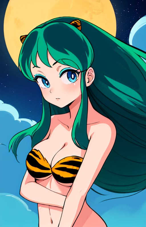 best quality, (masterpiece),(ultra-detailed), (high quality), (high resolution), <lora:Lum:0.7>,lum, 1girl, solo, long hair, breasts, blue eyes, cleavage, medium breasts, swimsuit,  bikini, green hair, horns, strapless, makeup, moon, animal print, eyeshadow, oni horns, oni,  tiger print, strapless bikini, anime coloring