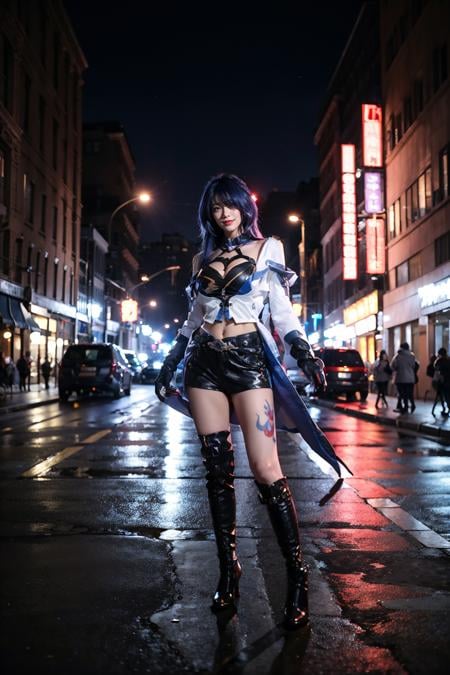 best quality, masterpiece, realistic, photorealistic, 1girl, solo, looking at viewer, smile, standing, full body, acheron cosplay costume, acheron, cosplay, blue hair, very long hair, hair over one eye, shirt, asymmetrical clothes, singel sleeves, shorts, crop top, belt, tattoo, gloves, singel elbow glove, large breasts, breasts, cleavage, boots, knee boots, high heel boots, in street, night, people, building, detailed background, light, <lora:Honkai_StarRail_Acheron_costplay_costume_v1:0.65>