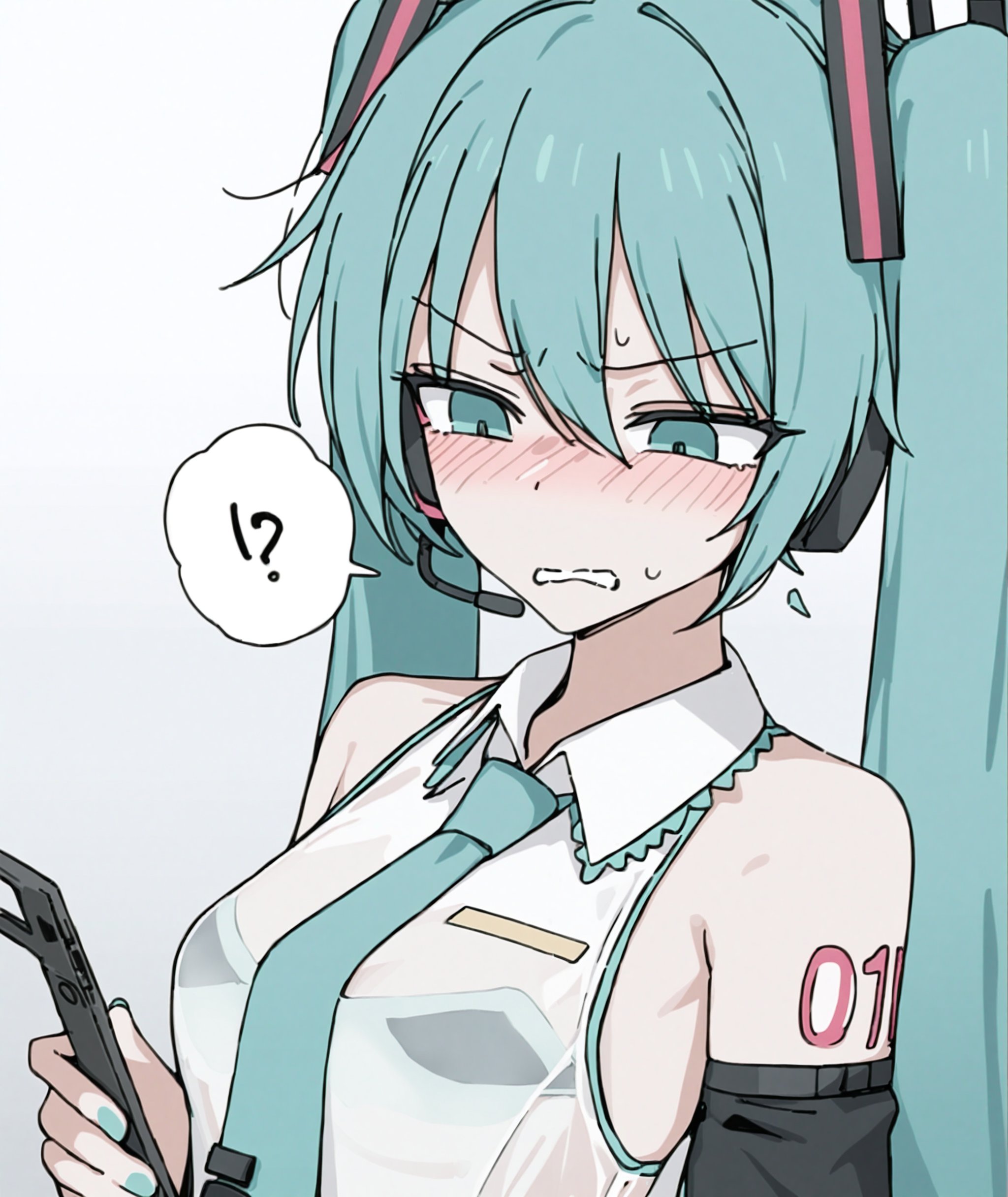 masterpiece,best_quality, <lora:ChannelStyle_forKohakuXL-000020:1>,hatsune miku, 1girl, twintails, long hair,solo,upper body, swimsuit, necktie, detached sleeves, bikini, shirt, holding, headset, disgust, 