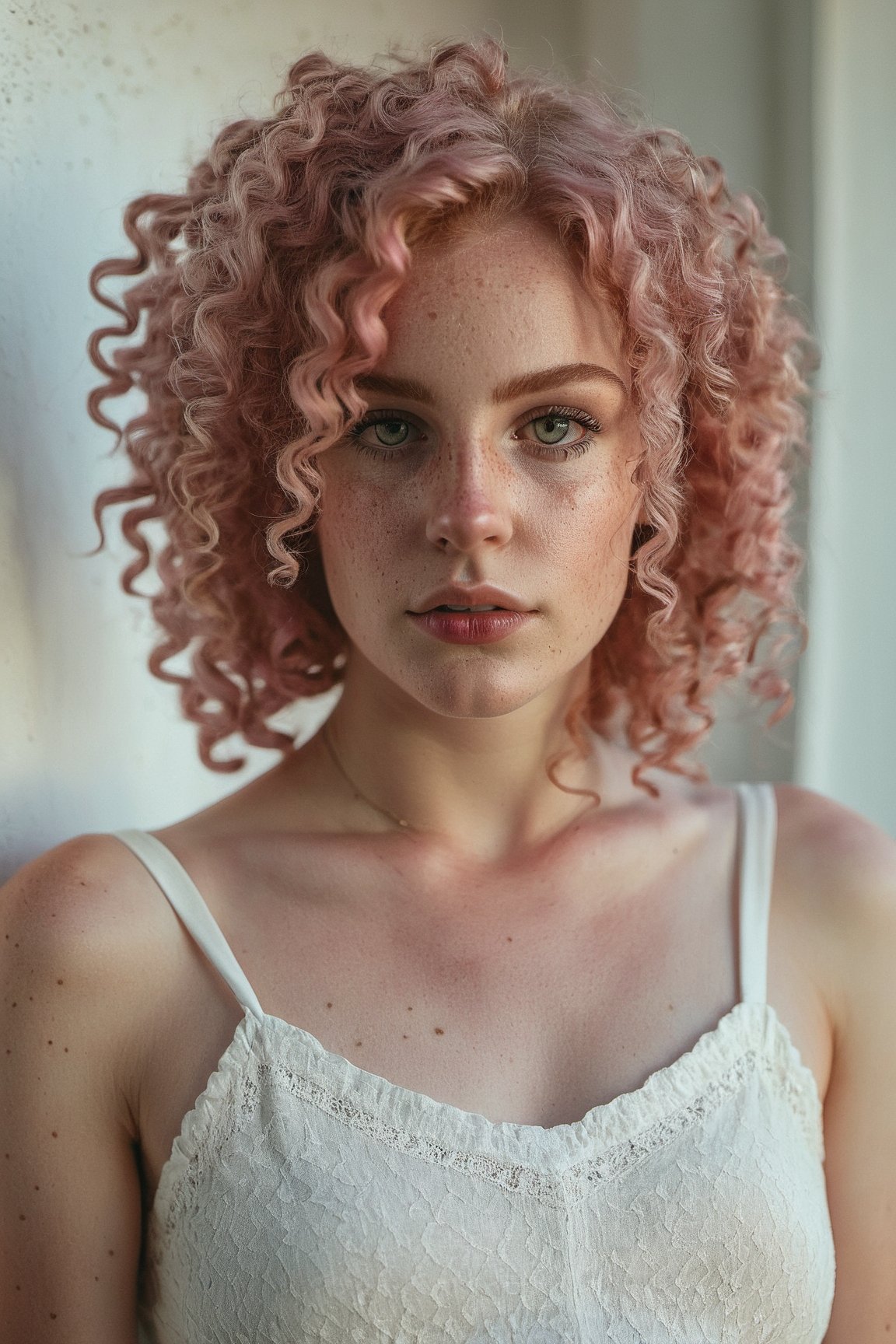 photo,  rule of thirds,  dramatic lighting,  medium hair,  pink curl hair,  detailed face,  detailed nose,  woman aged 22 years Anita, wearing a white crop top, freckles,  ntricate background, realism, realistic, raw, analog, woman,  Full body shoot, photorealistic, analog, realism