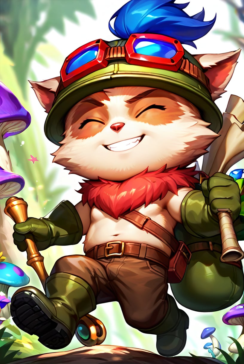 score_9, score_8_up, score_7_up, t33mo, score_9, source_anime, teemo, hat, closed eyes, 1boy, furry, yordle, male focus, goggles, goggles on headwear, brown pants, pants, belt, boots, gloves, green headwear, bag, smile, ^_^, furry male, mushroom, <lora:Teemo_default_v1:0.7>