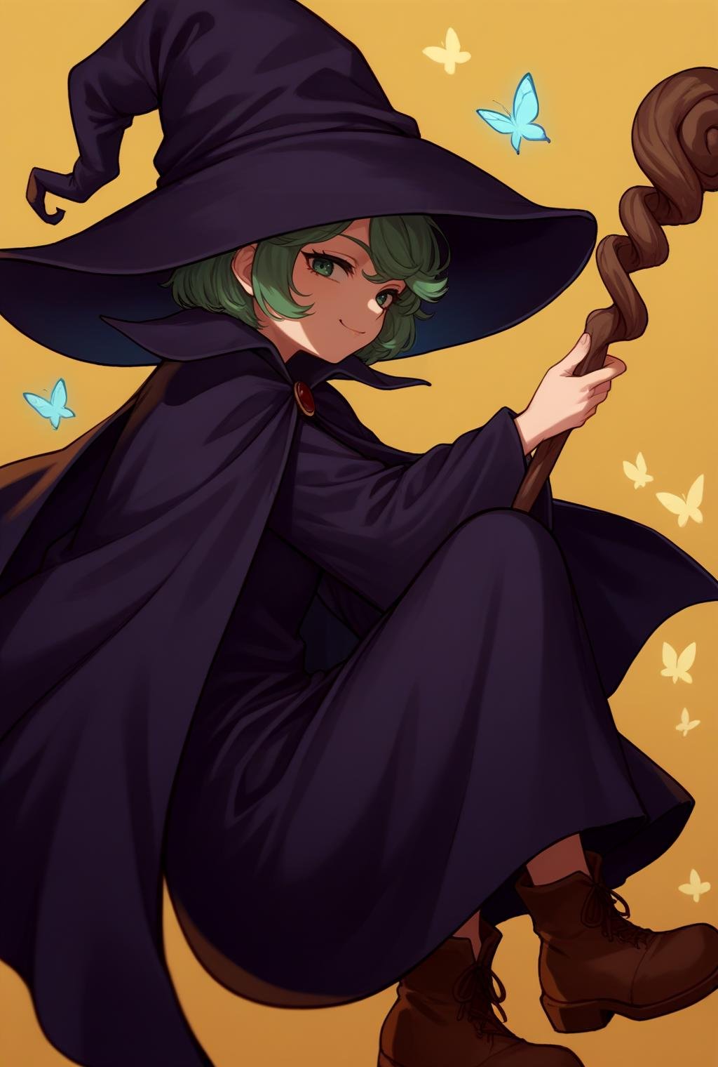 score_9, score_8_up, source_anime, looking at viewer, solo,<lora:ShierkePdxlDwnsty:0.8>, green hair, short hair, witch hat, cape, dress,  robe, long sleeves, boots, brown footwear, brooch, holding staff, from side, smug, yellow background, abstract background, butterfly, 