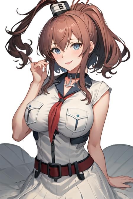 best quality, masterpiece, highres, solo, {saratoga_kantaicollection:1.15}, brown_hair, long_hair, ponytail, side_ponytail, hair_between_eyes, blue_eyes, breasts, sidelocks, large_breasts, smile, pocket, breast_pocket, smokestack, 1girl, dress, looking_at_viewer, neckerchief, open_mouth, red_neckerchief, simple_background, upper_body, white_background, white_dress, anchor