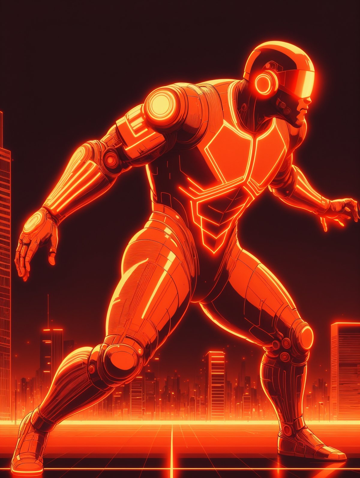 man, red glowing outlines, orange coloring, dynamic pose, grid, motion blur, cyberpunk, 1980s, retro, scifi, city<lora:Neon_Cyberpunk_Cyberspace_SD1.5:0.8>, (masterpiece:1.2), best quality, (hyperdetailed, highest detailed:1.2), high resolution textures 