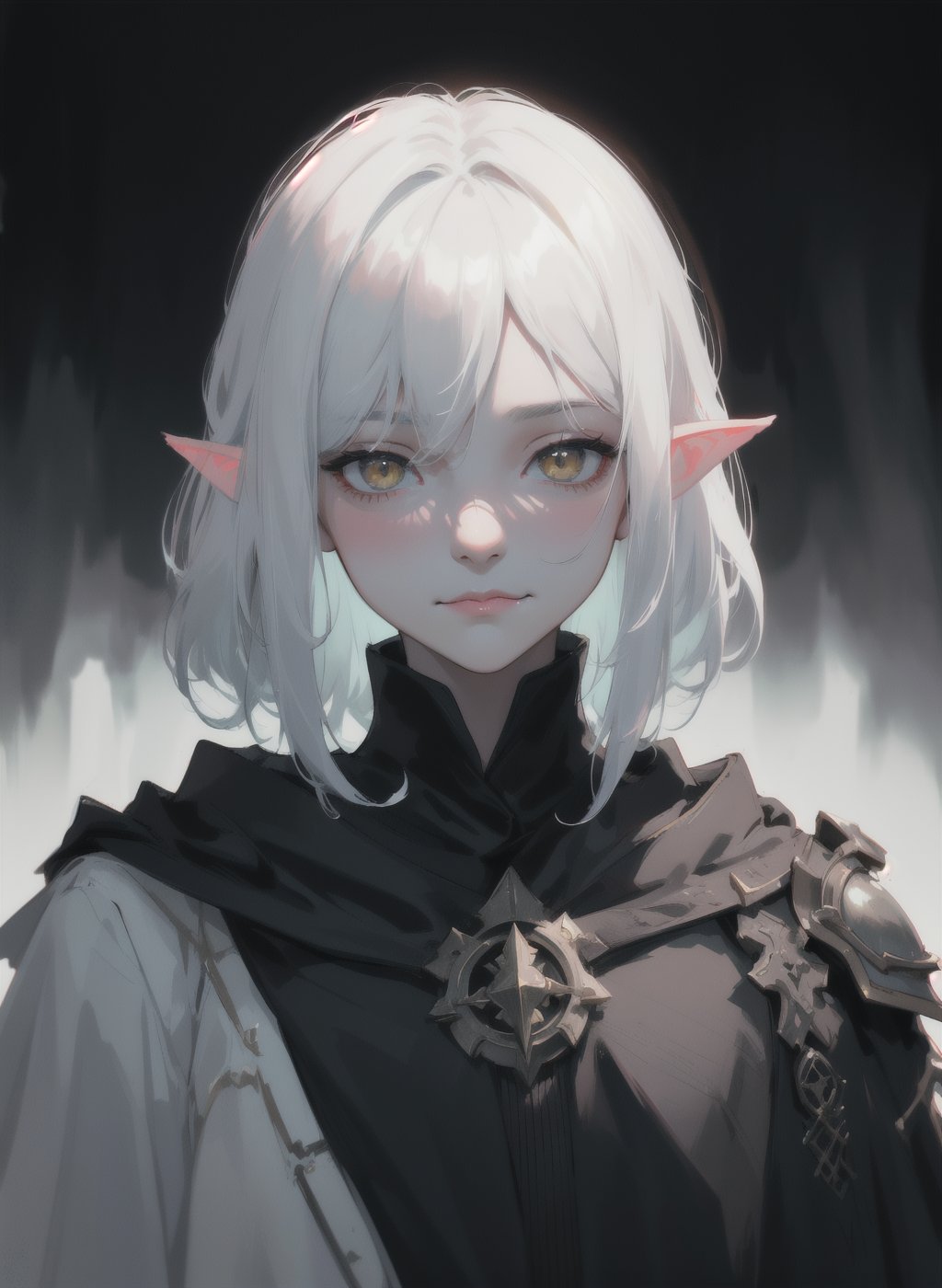 Emet Selch, 1boy, armor, bangs, black robe, hood, hood down, looking at viewer, male focus, parted bangs, full lips, pale, blush vampire, pauldrons, portrait, robe, short hair, upper body, white hair, yellow eyes, dynamic angle, dynamic pose, hades, dark theme, soothing tones, muted colors, elf ears, high contrast, (natural skin texture, hyperrealism, soft light, sharp),exposure blend, medium shot, bokeh, (hdr:1.4), high contrast, (cinematic, teal and blue:0.85), (muted colors, dim colors, soothing tones:1.3), low saturation, (hyperdetailed:1.2), (noir:0.5), warrior, dark forrest, big fangs, evil, smile, terrifying, beautiful, sinister