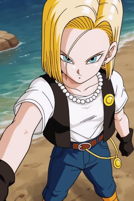 source_anime, score_9, score_8_up, score_7_up, anime screencap,masterpiece, detailed face, android 18, cell saga, 1girl, solo, short hair, blue eyes, blonde hair, belt, looking at viewer, black gloves, forehead, shirt tucked in, white t-shirt, black footwear, badge, chain, jeans, looking at another, orange socks, high-waist pants, open black vest, pearl necklace, cowboy shot, field, tree, blue sky, ocean, selfie, from above, <lora:c18_pony_v1:0.8>