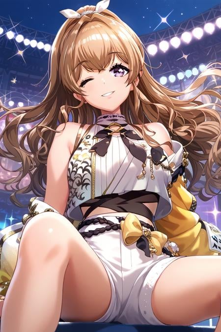 score_9, score_8_up, score_7_up, score_6_up, <lora:Kase_Mana:0.9> kase, 1girl, one eye closed, purple eyes, long hair, solo, smile, sitting, ponytail, shorts, brown hair, white shorts, looking at viewer, stage outfit, color lights, club stage,