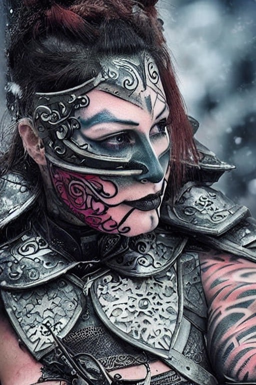 colour picture (epic fantasy villain warrior woman) with a (tattooed face) wearing a (iron armour) in front of a (snow forest)