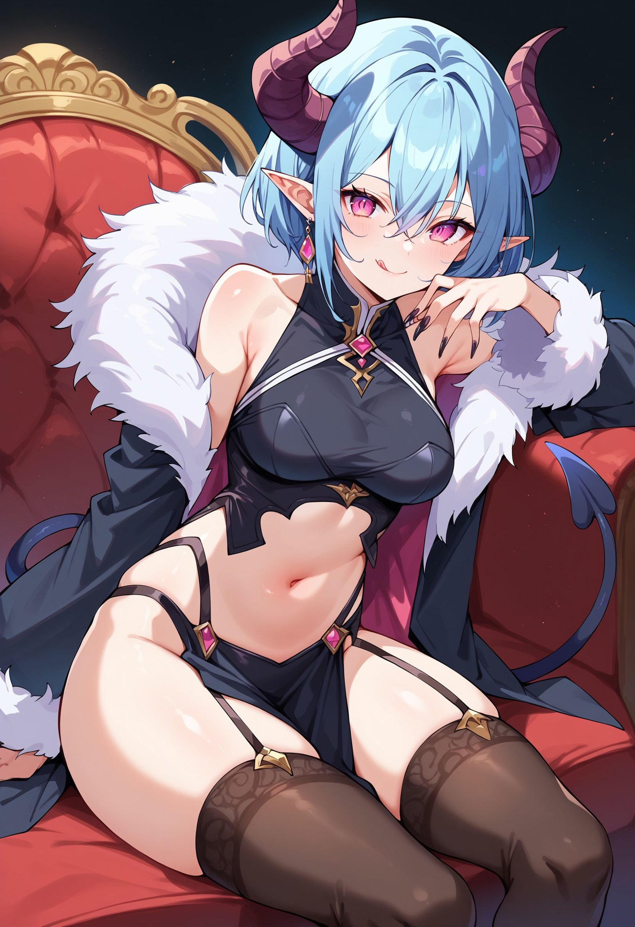 score_9, score_8_up, score_7_up, score_6_up, source anime,kintadistortion, 1girl, solo, tongue out, horns, thighhighs, pointy ears, tongue, demon tail, hair between eyes, short hair, navel, looking at viewer, garter straps, blue hair, detached sleeves, breasts, couch, bare shoulders, black thighhighs, jewelry, smile, holding, tail between legs, licking lips, demon girl, reclining, demon horns, earrings, black nails, bangs, sitting, fingernails, groin, pink eyes, pelvic curtain, :q, on couch, midriff, armpits, nail polish, black shirt, closed mouth, shirt, sharp fingernails, fur trim , masterpeice, best quality, very aesthetic, absurdres