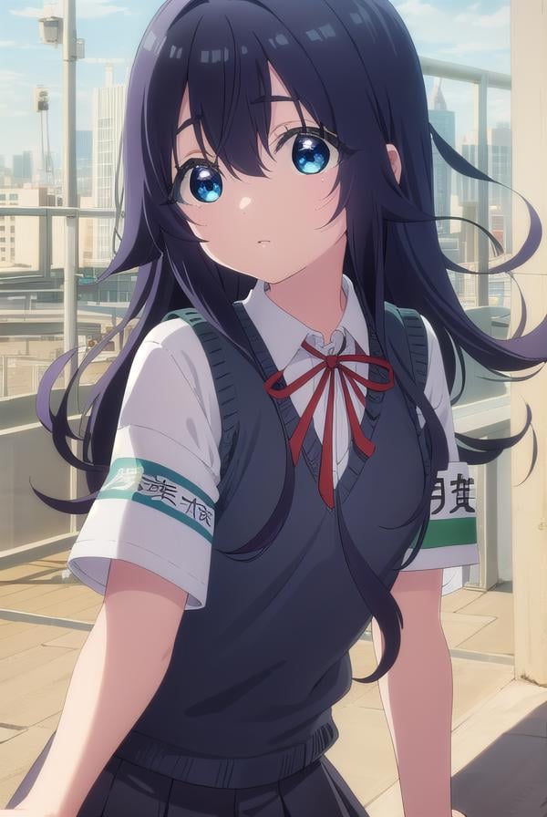 shizukayoshimoto, <lora:shizuka yoshimoto s1-lora-nochekaiser:1>,shizuka yoshimoto, long hair, bangs, blue eyes, black hair, hair between eyes, wavy hair,BREAK skirt, shirt, ribbon, school uniform, white shirt, pleated skirt, red ribbon, neck ribbon, armband, sweater vest,BREAK indoors, classroom,BREAK looking at viewer, (cowboy shot:1.5),BREAK <lyco:GoodHands-beta2:1>, (masterpiece:1.2), best quality, high resolution, unity 8k wallpaper, (illustration:0.8), (beautiful detailed eyes:1.6), extremely detailed face, perfect lighting, extremely detailed CG, (perfect hands, perfect anatomy),