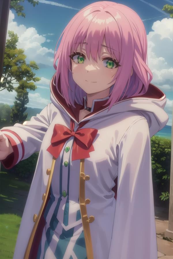 nornclatalissajioral, <lora:norn clatalissa jioral s1-lora-nochekaiser:1>,norn clatalissa jioral, long hair, hair between eyes, (green eyes:1.5), pink hair, smile,BREAK long sleeves, dress, bow, red bow, hood, robe, white robe,BREAK outdoors, forest, nature, grass, trees, sun, sky, clouds,BREAK looking at viewer, (cowboy shot:1.5),BREAK <lyco:GoodHands-beta2:1>, (masterpiece:1.2), best quality, high resolution, unity 8k wallpaper, (illustration:0.8), (beautiful detailed eyes:1.6), extremely detailed face, perfect lighting, extremely detailed CG, (perfect hands, perfect anatomy),