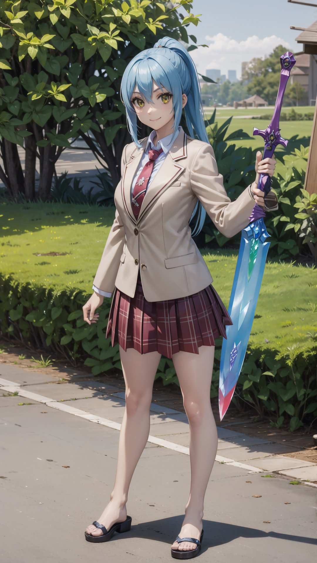 (masterpiece, best quality),ray tracing,absurdres, HDR,rimuru tempest, campus, skirt, 1girl,large breasts,  blue hair, school uniform, plaid skirt, necktie, long hair, smile, plaid, yellow eyes, , jacket, pleated skirt, full body, , ponytail, , standing, blazer, looking at viewer, solo, , hair between eyes, ,red necktie, shirt, bangs, sandals, red skirt, white shirt, collared shirt, closed mouth,  , long sleeves, miniskirt,outoors, ,wucaitianjing, weapon, sword,holding, holding sword, <lora:rimuru campus:0.7> <lora:sandals_v2:0.7> <lora:wucaitianjing_v2:0.7>