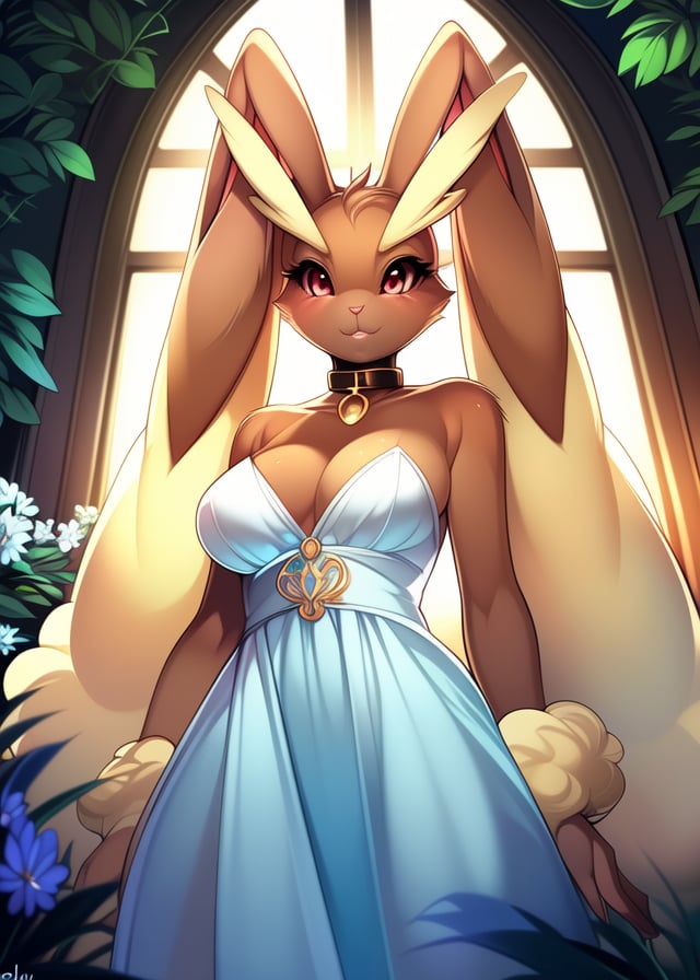 (by Tsampikos, by Sindoll, by Glacierclear by Viskasunya), solo female (lopunny, low-angle view:1.25), three-quarter view, white dress, (medium breasts, collar jewelry, gold jewelry, fur tuft, fluffy), BREAK, (art nouveau, plant, flower, leaf, half body, inside, morning, night, blue light, glowing light:1.2), masterpiece, best quality, 4k, 2k, (high detail, shaded:1.25), absurd res