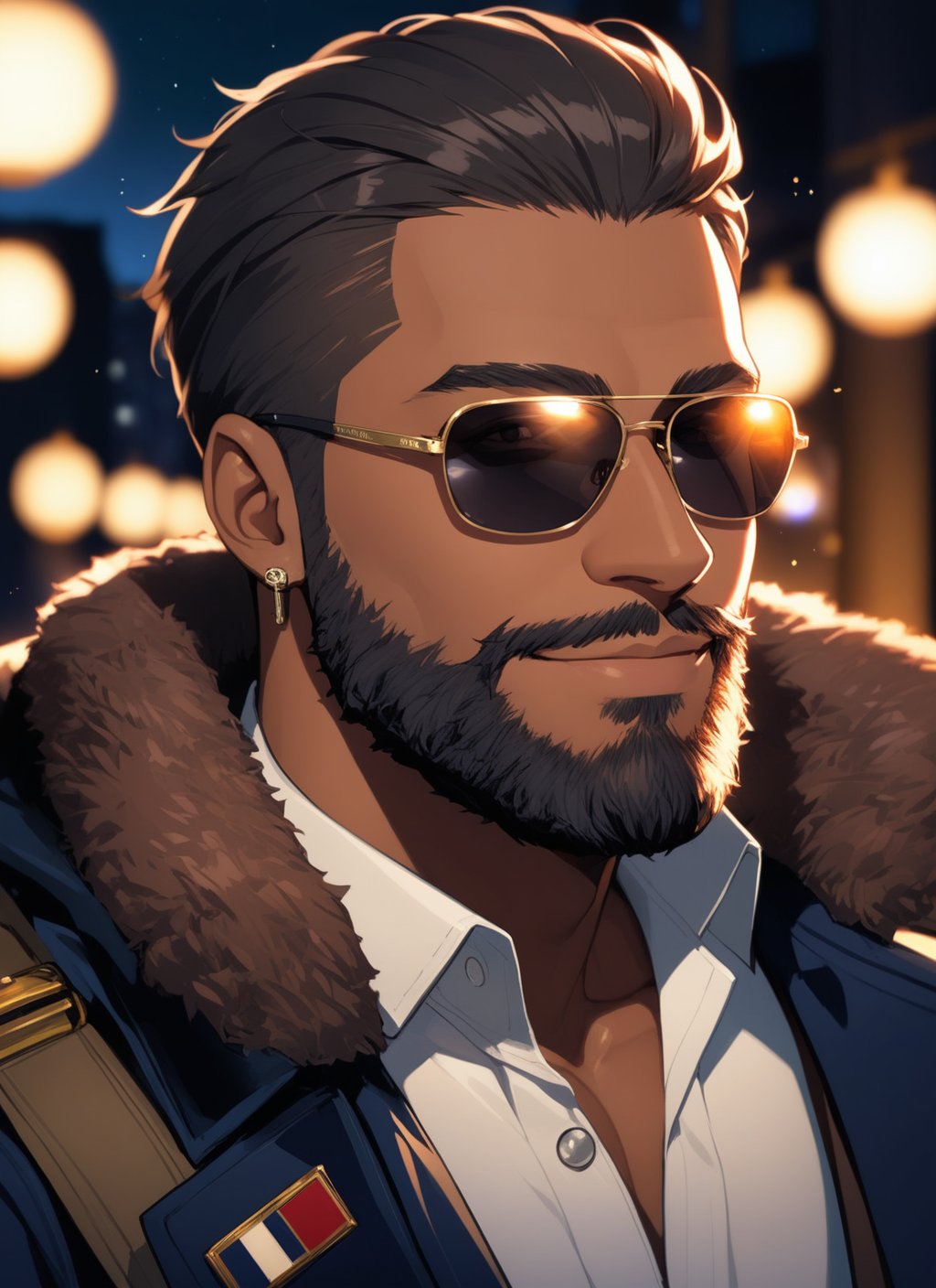 1boy, male focus, military tags, gloves,   jacket, dark-skinned male, dark skin, facial hair, night, beard, smile, sunglasses, portrait, ((masterpiece))