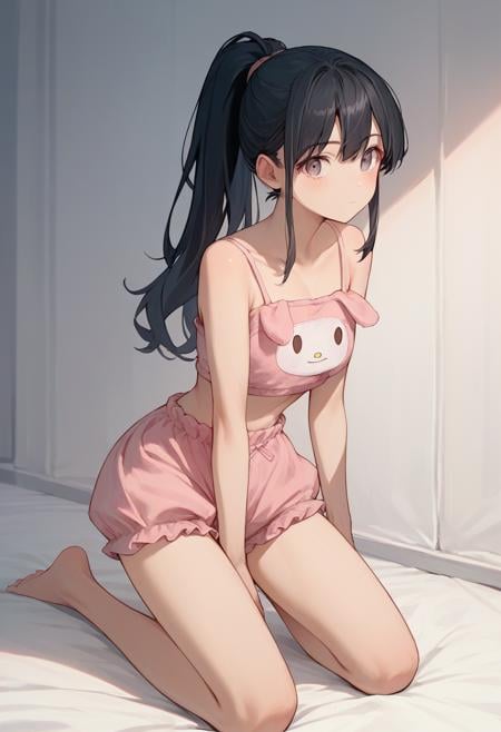 score_9, score_8_up, score_7_up, score_6_up, source_anime,  <lora:bunny_cute_suit_v0.9-pony:1.0> 1girl,black hair, long hair, ponytail, pink bloomers, camisole, kneeling, looking at viewer, 