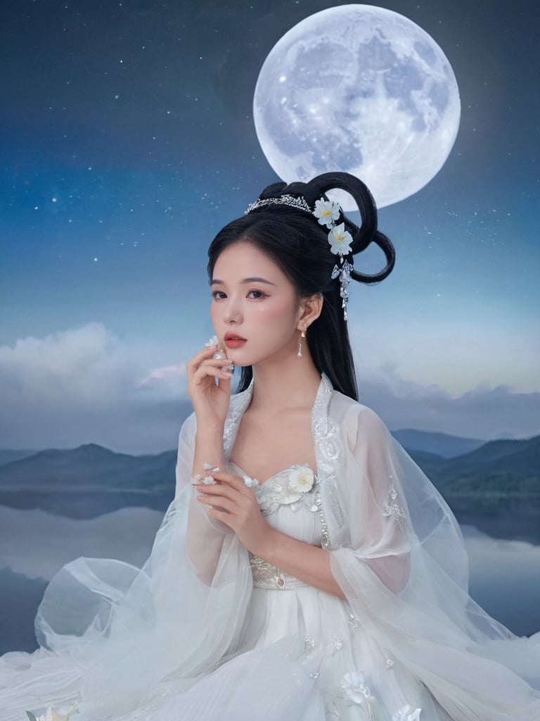 (Fairy Chang'e:1.5), 1girl, black hair, (Beautiful_hands:1.5), dress, earrings, eyelashes, finger to mouth, flower, big moon, hair ornament, jewelry, lips, lipstick, long hair, looking at viewer, makeup, mole, moon, realistic, sky, solo, upper body, white dress <lora:FairyChang:0.55>