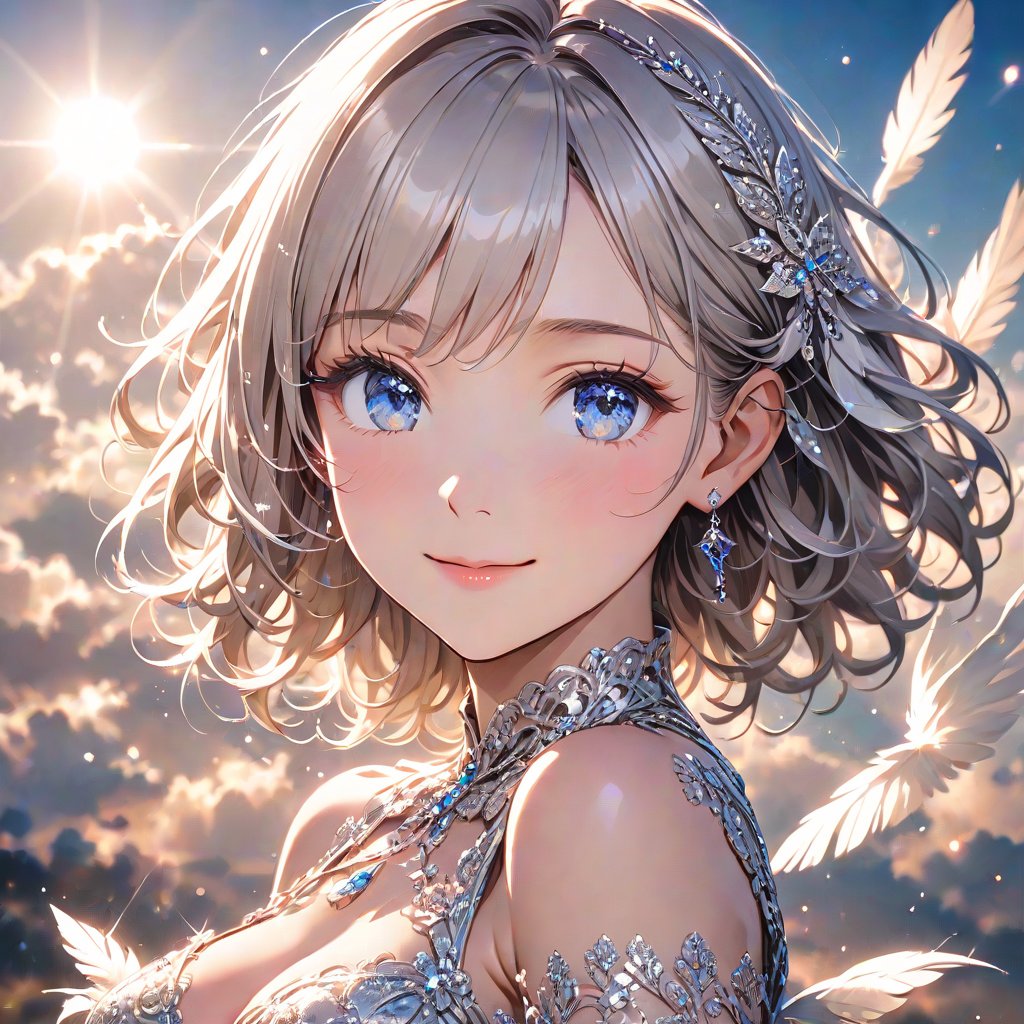 masterpiece, top quality, ai-generated,  shadows,  intricated details, detailed beautiful face and eyes angel with silver hair and blue eyes and medium large breasts, she smiling closed mouth wearing silver dress with glitters and lace decoration, flying with white feathers around, beautiful sky with clounds and shiny sun with lens flare,